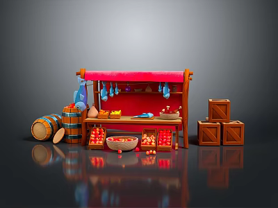 Cartoon Market Stall Scene Featuring Wooden Structure Red Canopy Barrels Crates And Fruit Bowl 3d model