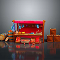 Cartoon Market Stall Scene Featuring Wooden Structure Red Canopy Barrels Crates And Fruit Bowl