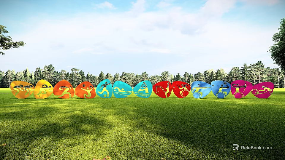 Colorful Circular Sculptures Displayed on Green Grassland With Woodland and Blue Sky Background 3d model 