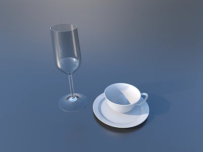 Clear Wine Glass White Cup And Saucer On Blue Tabletop 3d model