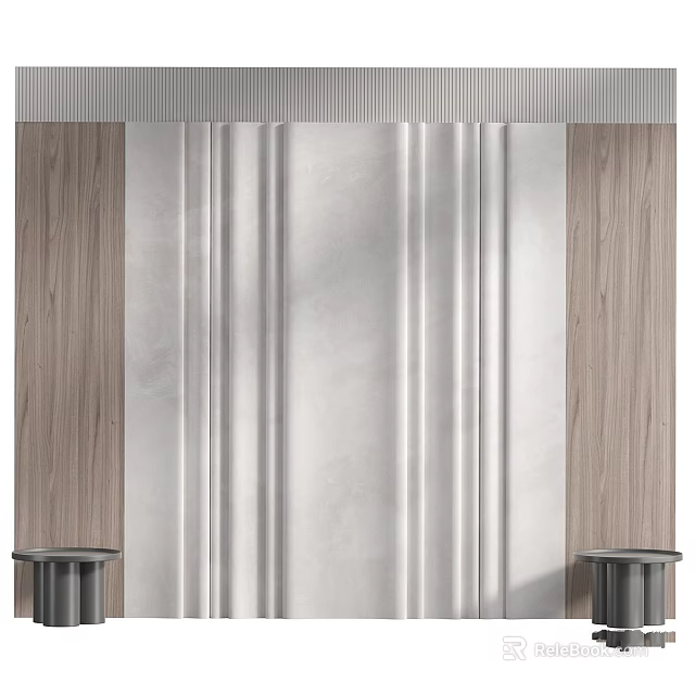 Wooden Wall With Silver Vertical Panel And Metal Pillars Design 3d model