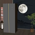 Silver Double Door Refrigerator In Modern Interior With Moon Art And Potted Plant