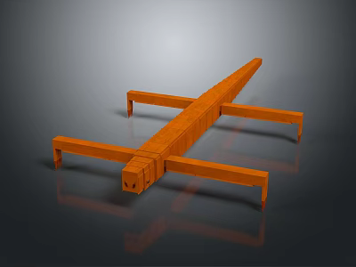 Orange Block Mechanical Game Character With Long Body And Horizontal Supports On Gray Background 3d model