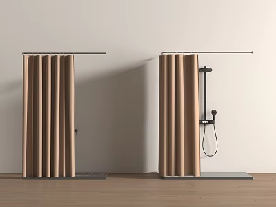 Light Brown Bathroom Curtain With Shower Fixture And Wooden Floor Design 3d model