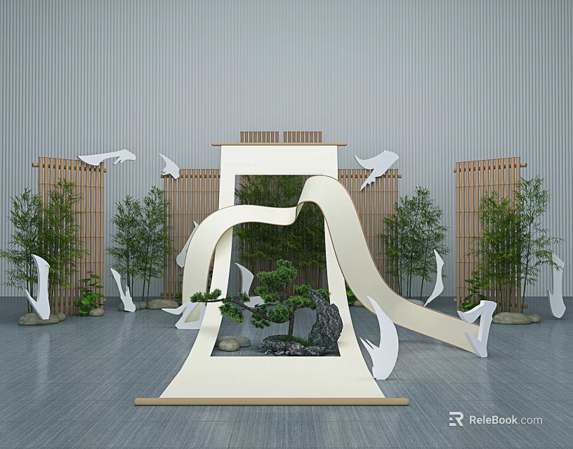Zen Inspired Garden Decoration With Bamboo Screens White Birds And Rockery Bonsai 3d model 