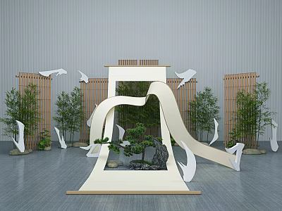 Zen Inspired Garden Decoration With Bamboo Screens White Birds And Rockery Bonsai 3d model