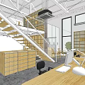 Public Office Space Open Layout with Wooden Desks Computers Table Lamps Bookshelves and Large Windows
