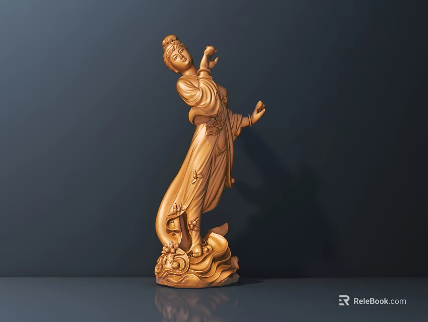 Golden Female Sculpture Carving With Flowing Robes And Intricate Base Design 3d model 
