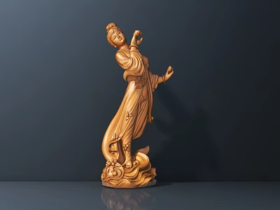 Golden Female Sculpture Carving With Flowing Robes And Intricate Base Design 3d model