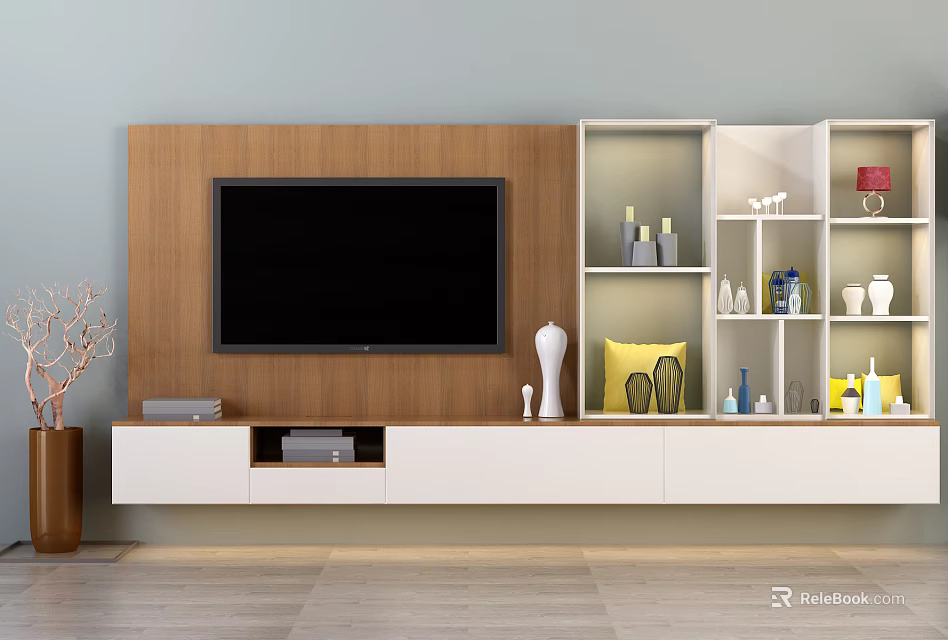 Modern TV Stand with Wooden Wall Open Shelves White Storage and Decorative Ornaments 3d model 