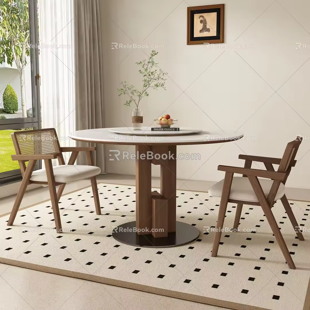 Ancient style round dining table and chair 3d model