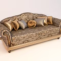 Classic Three Seater Sofa with Ornate Pattern and Gold Beige Decorative Pillows 3d model