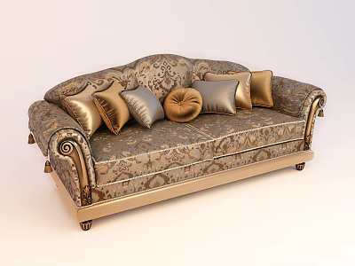 Classic Three Seater Sofa with Ornate Pattern and Gold Beige Decorative Pillows 3d model