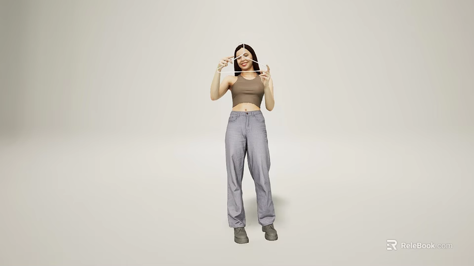 A Woman Wearing Brown Crop Top and Gray Pants Holding Glasses in Light Colored Background 3d model 