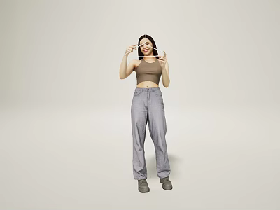 A Woman Wearing Brown Crop Top and Gray Pants Holding Glasses in Light Colored Background 3d model