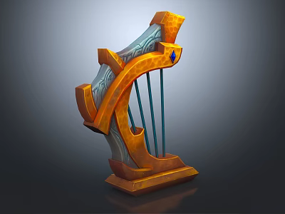 Ornate Orange Harp with Blue Gem Wooden Texture and Stable Decorative Base 3d model