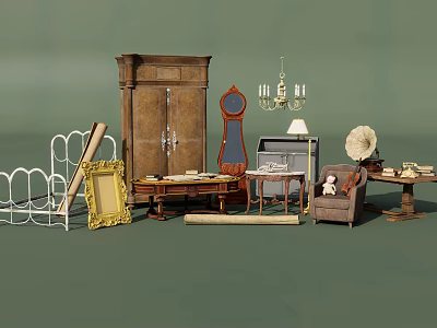 Vintage Accent Chair In Classic Interior With Wooden Cabinet Mantel Clock And Table Lamp 3d model