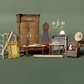 Vintage Accent Chair In Classic Interior With Wooden Cabinet Mantel Clock And Table Lamp