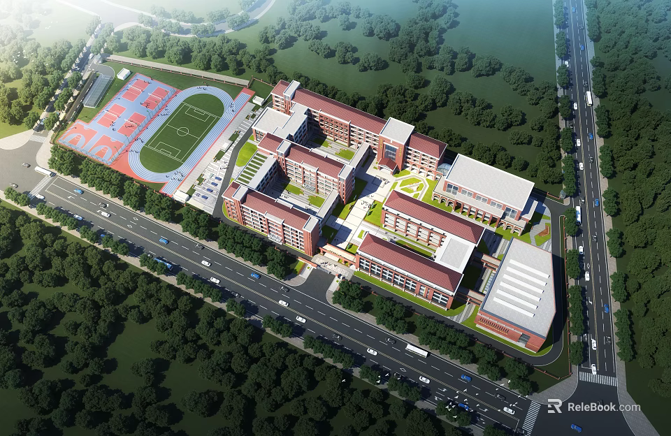 Aerial View of Modern School Campus With Red Brick Buildings Sports Field and Green Trees 3d model 