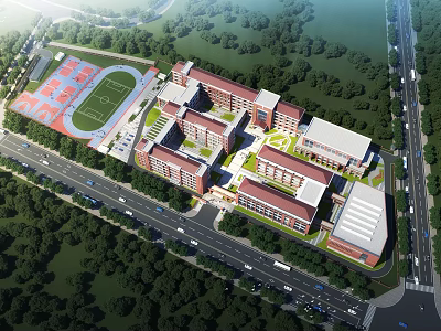 Aerial View of Modern School Campus With Red Brick Buildings Sports Field and Green Trees 3d model
