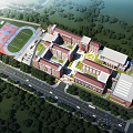 Aerial View of Modern School Campus With Red Brick Buildings Sports Field and Green Trees