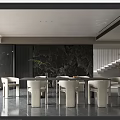 Modern Restaurant Interior Featuring Large Dining Table White Chairs Dark Wall Green Plants And Gray Floor