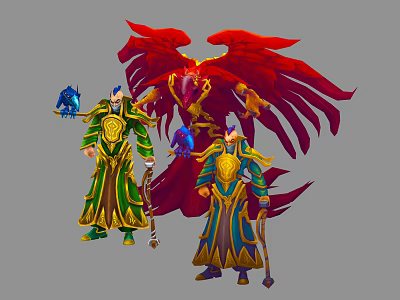 Mythical Characters In Green Gold Robes Holding Staffs With Red Winged Phoenix Creature 3d model
