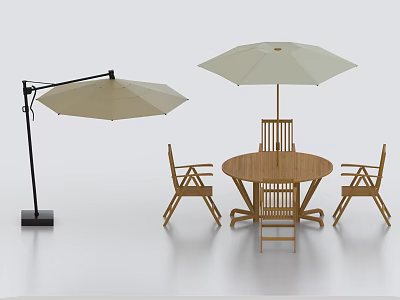 Outdoor Camping Tent Setup with Wooden Dining Table Chairs and Sunshade Umbrella 3d model
