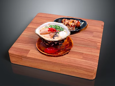 Appetizing Food With Two Bowls Of Soup And Grilled Meat Served On Wooden Cutting Board 3d model