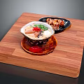 Appetizing Food With Two Bowls Of Soup And Grilled Meat Served On Wooden Cutting Board