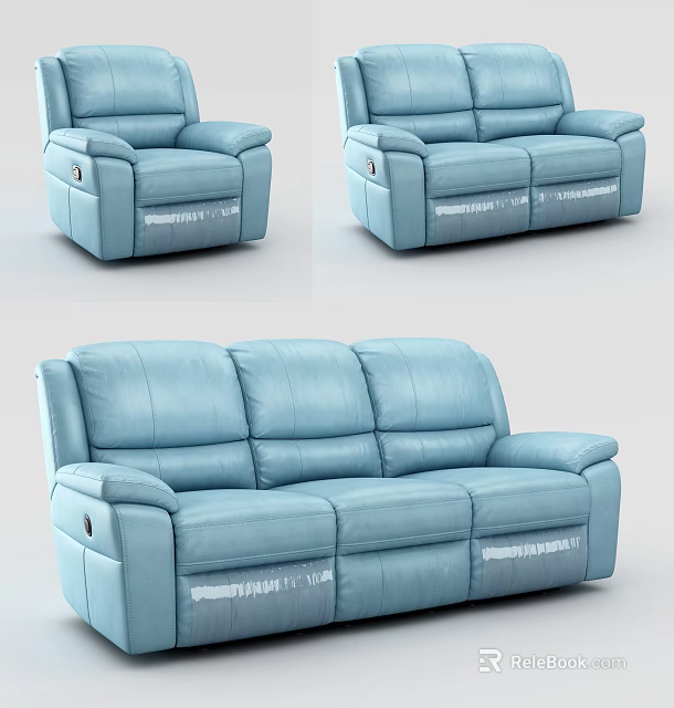 Stylish Blue Leather 3 Piece Sofa Set With Comfortable Seating And Modern Design 3d model 