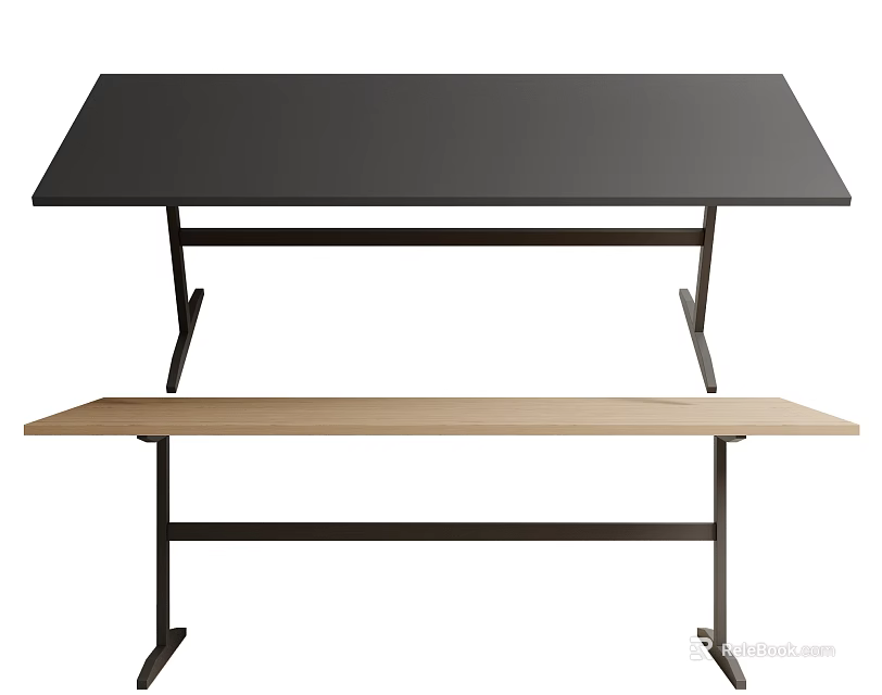 Minimalist Modern Dining Table With Black Tabletop Metal Frame And Light Wood Bench 3d model 