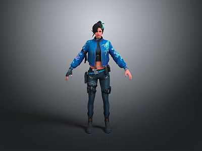 Woman in Blue Jacket and Cropped Top with Utility Belt Dark Pants on Minimalist Background 3d model