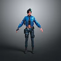 Woman in Blue Jacket and Cropped Top with Utility Belt Dark Pants on Minimalist Background