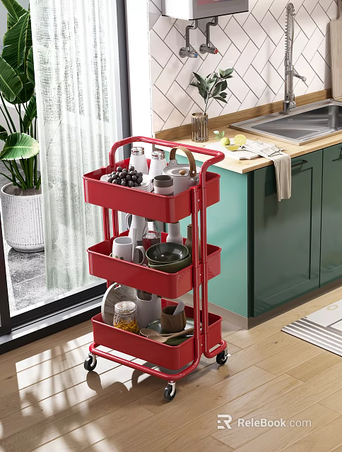 Red Three Tier Rolling Cart For Kitchen Storage With Dishes Cups And Green Cabinets 3d model 