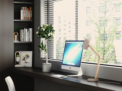 Modern Home Office Desk With Computer Wooden Lamp Potted Plant And Bookshelf 3d model