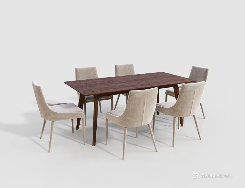 Modern Dark Wooden Dining Table Set With Six Light Fabric Chairs 3d model