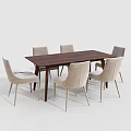 Modern Dark Wooden Dining Table Set With Six Light Fabric Chairs 3d model