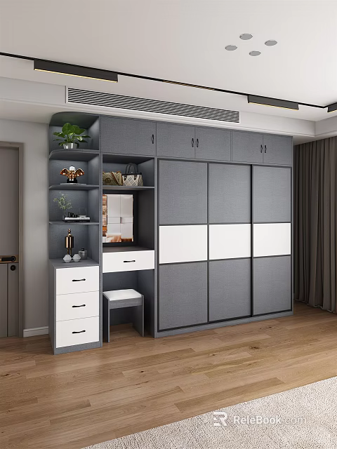 Modern Gray and White Sliding Door Wardrobe with Drawer Cabinet Mirror Stool and Potted Plant 3d model 