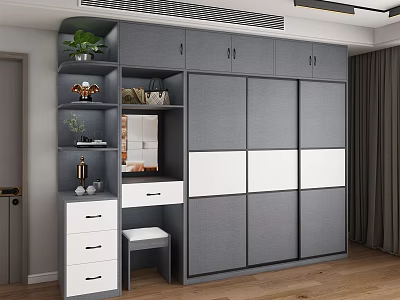 Modern Gray and White Sliding Door Wardrobe with Drawer Cabinet Mirror Stool and Potted Plant 3d model