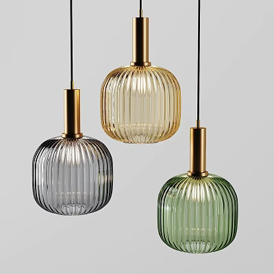 Modern Glass Pendant Lights With Striped Pattern And Gold Details In Gray Green Amber Hues 3d model