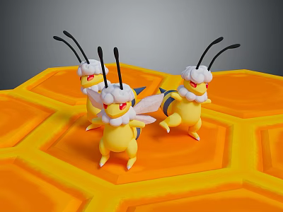 Three Yellow Bee Like Game And Movie Characters On Orange Hexagon Background 3d model
