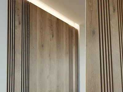 Modern Wooden Wall Decor With Vertical Slats And Ambient Lighting 3d model