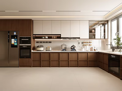 Modern Kitchen Interior With Brown And White Cabinets Stainless Steel Refrigerator And Oven 3d model