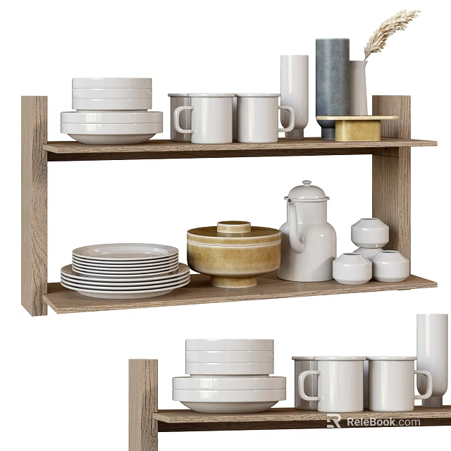 Stylish Dinnerware Set on Wooden Shelf with Plates Mugs Bowls and Teapot 3d model 