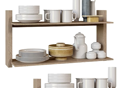 Stylish Dinnerware Set on Wooden Shelf with Plates Mugs Bowls and Teapot 3d model