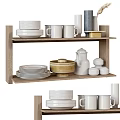 Stylish Dinnerware Set on Wooden Shelf with Plates Mugs Bowls and Teapot