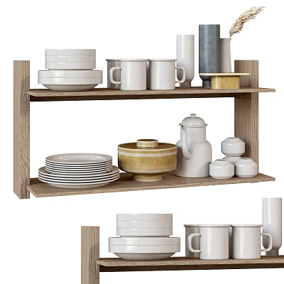 Stylish Dinnerware Set on Wooden Shelf with Plates Mugs Bowls and Teapot 3d model
