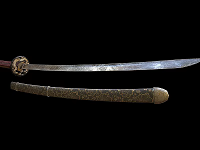 Traditional Decorative Sword with Ornate Hilt and Engraved Metal Blade and Intricate Brass Scabbard Design 3d model