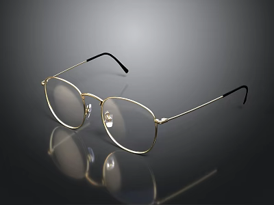 Stylish Gold Frame Eyeglasses With Black Temples On Reflective Shiny Surface 3d model